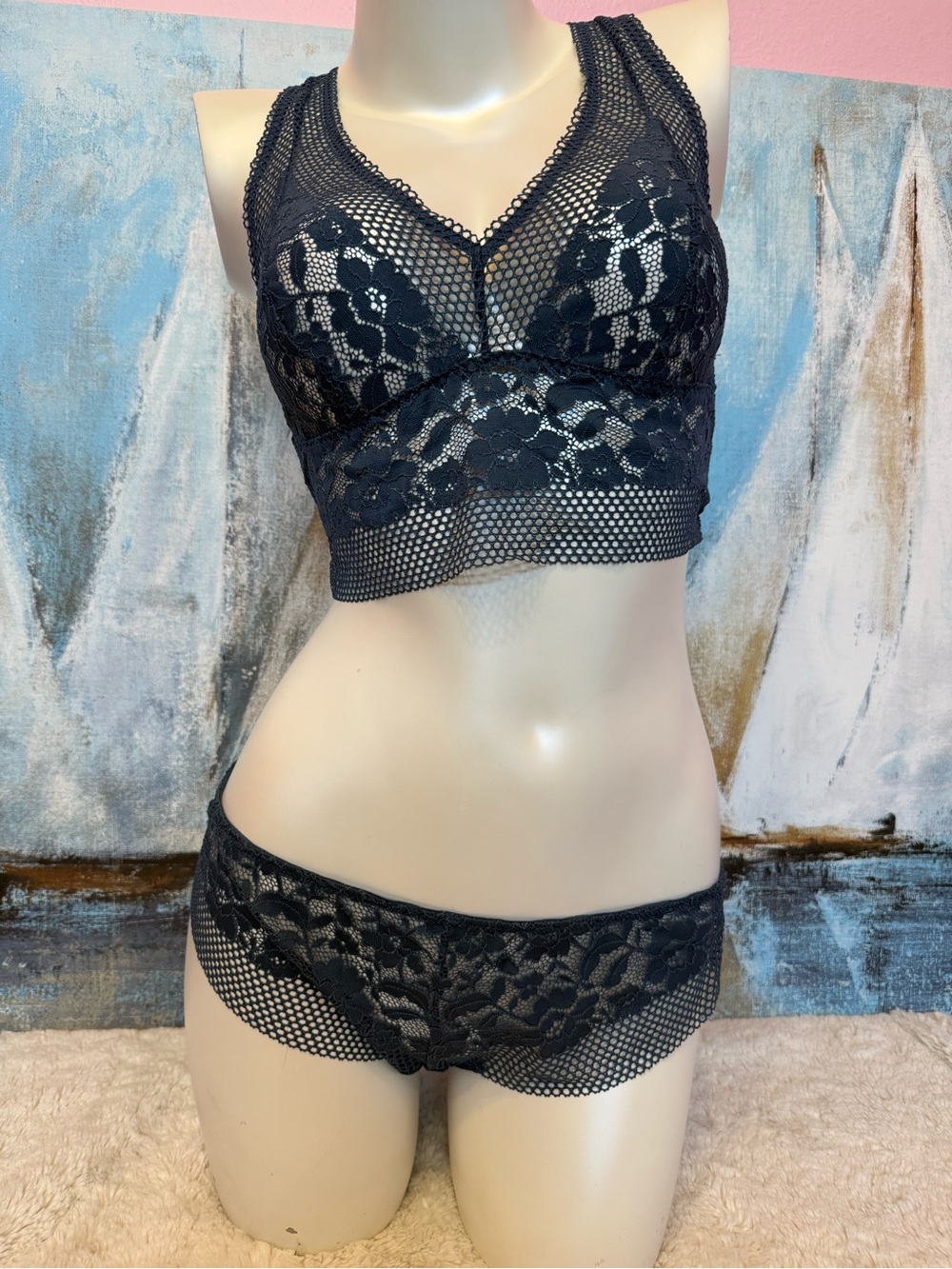 Adore Me Jamie Dark Blue Unlined Lace Bralette & Hipster Set
